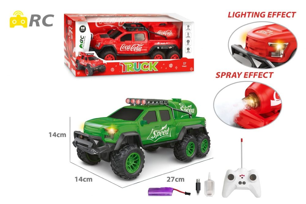 RC 6-Wheel Monster Truck – Spray Effect + LED Lights (Green “Speed” / Red “Coca-Cola”)