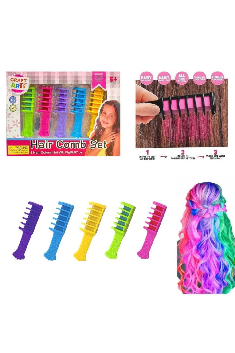 Craft & Arts Hair Comb Colour Set – Temporary Hair Chalk (5 Pack)