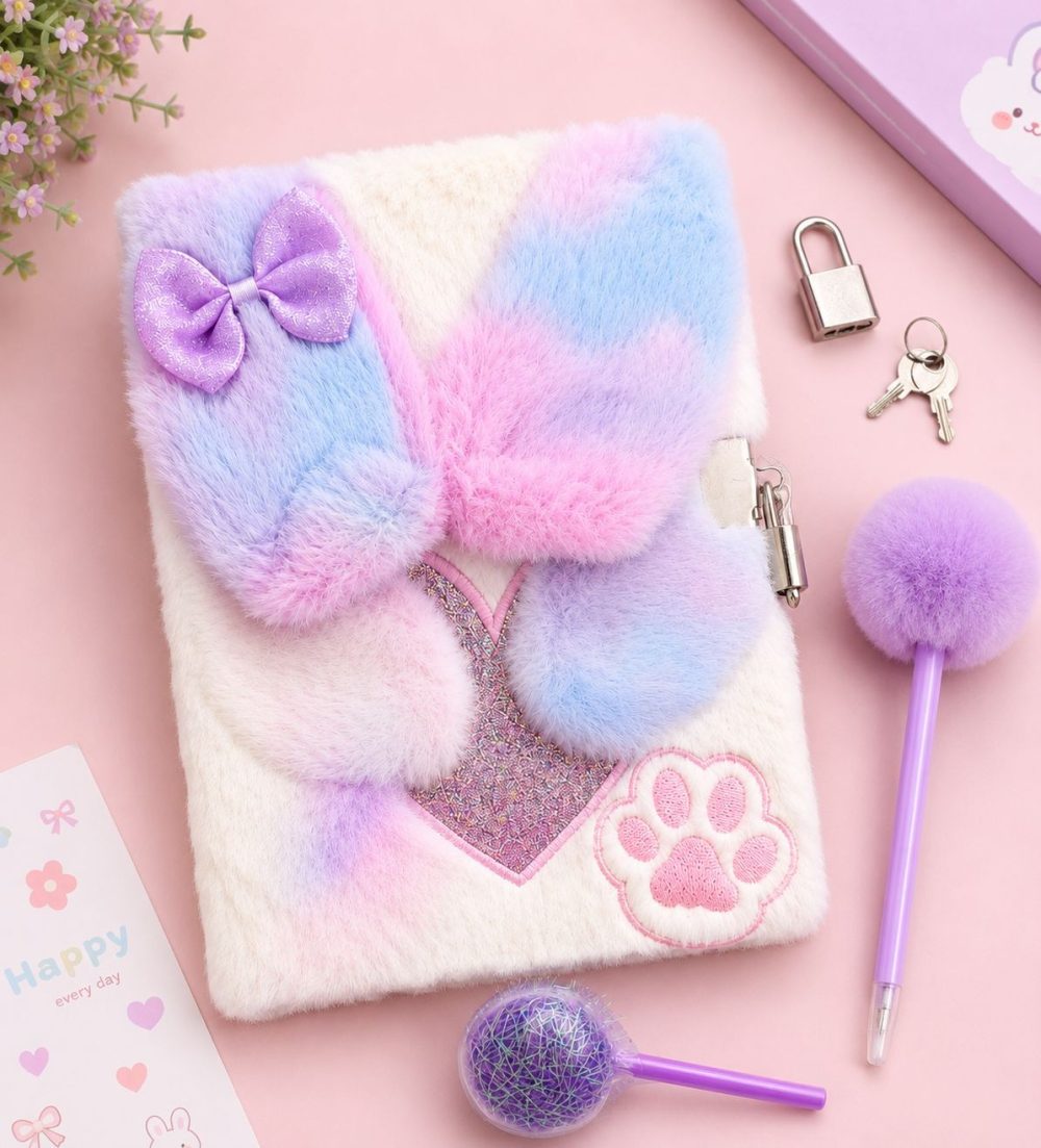 Secret Diary Set – Fluffy Lockable Journal with Pom Pom Pen