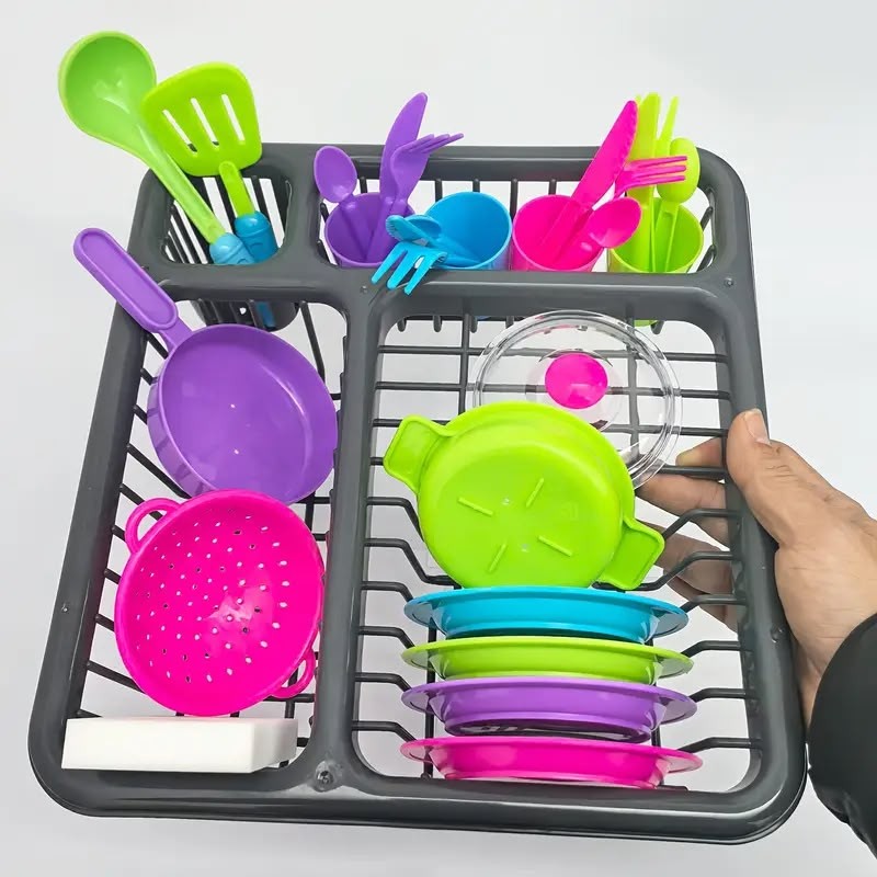 Kids Pretend Play Dish Drying Rack & Kitchen Set - Image 3