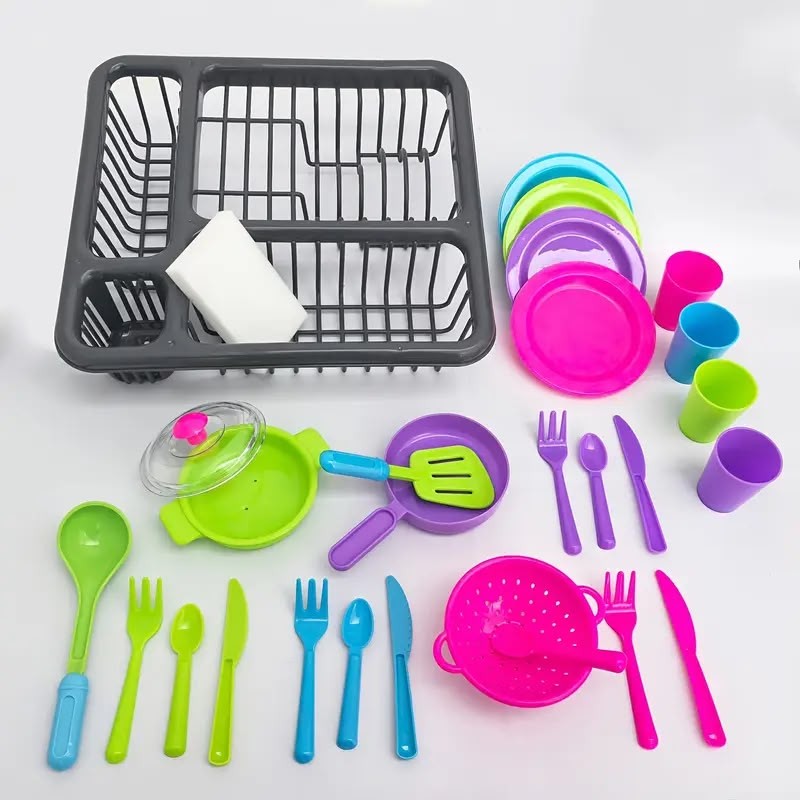 Kids Pretend Play Dish Drying Rack & Kitchen Set - Image 2