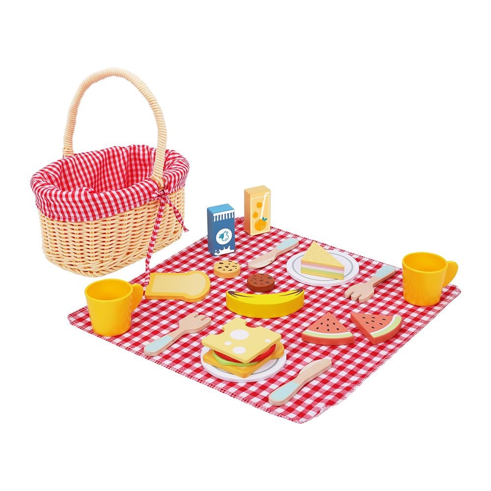 TookyToys Wooden Picnic Basket Play Set – 23 Pieces