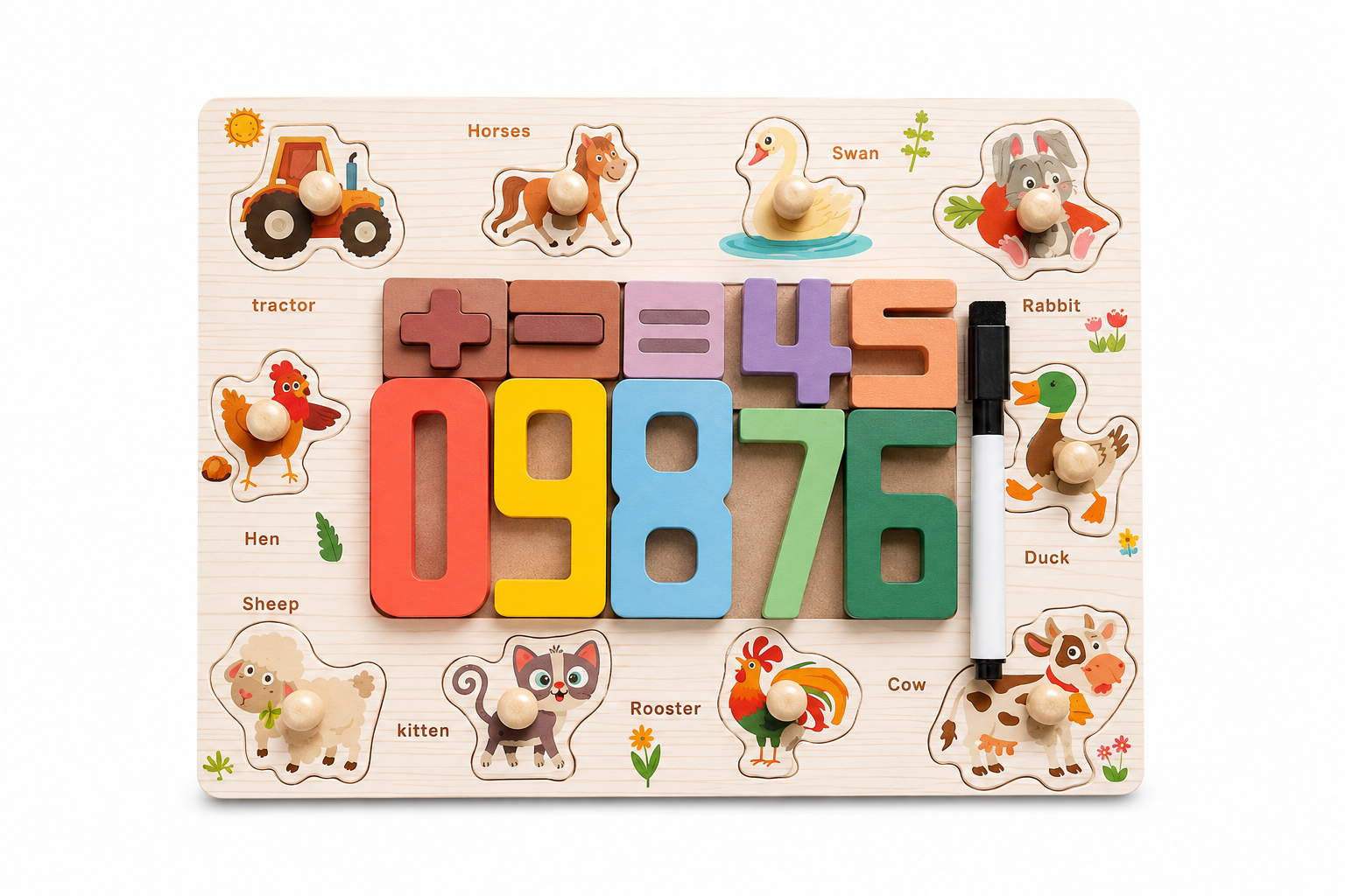 Wooden Montessori Numbers & Animals Learning Board